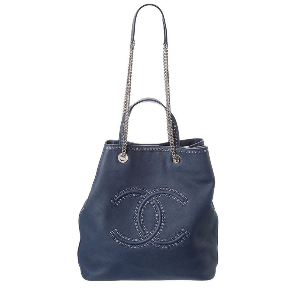 Chanel Navy Quilted Calfskin Leather Coco Eyelets Large Shopping Tote (Authentic
